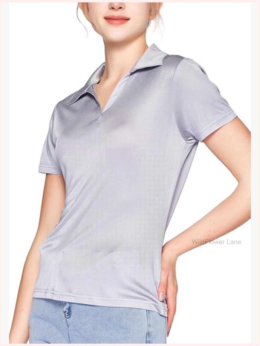 Silk Polo Shirt V Neck Short Sleeve Golf Tee Top Business Casual Tunic Blouse